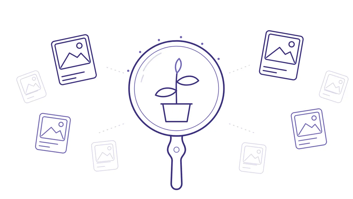 Ilustrasi garis berwarna nila di atas putih: cermin tangan bundar di tengah memantulkan tunas tanaman dalam pot, dikelilingi bingkai foto kecil bergambar gunung seperti unggahan media sosial yang melayang menjauh dan makin pudar