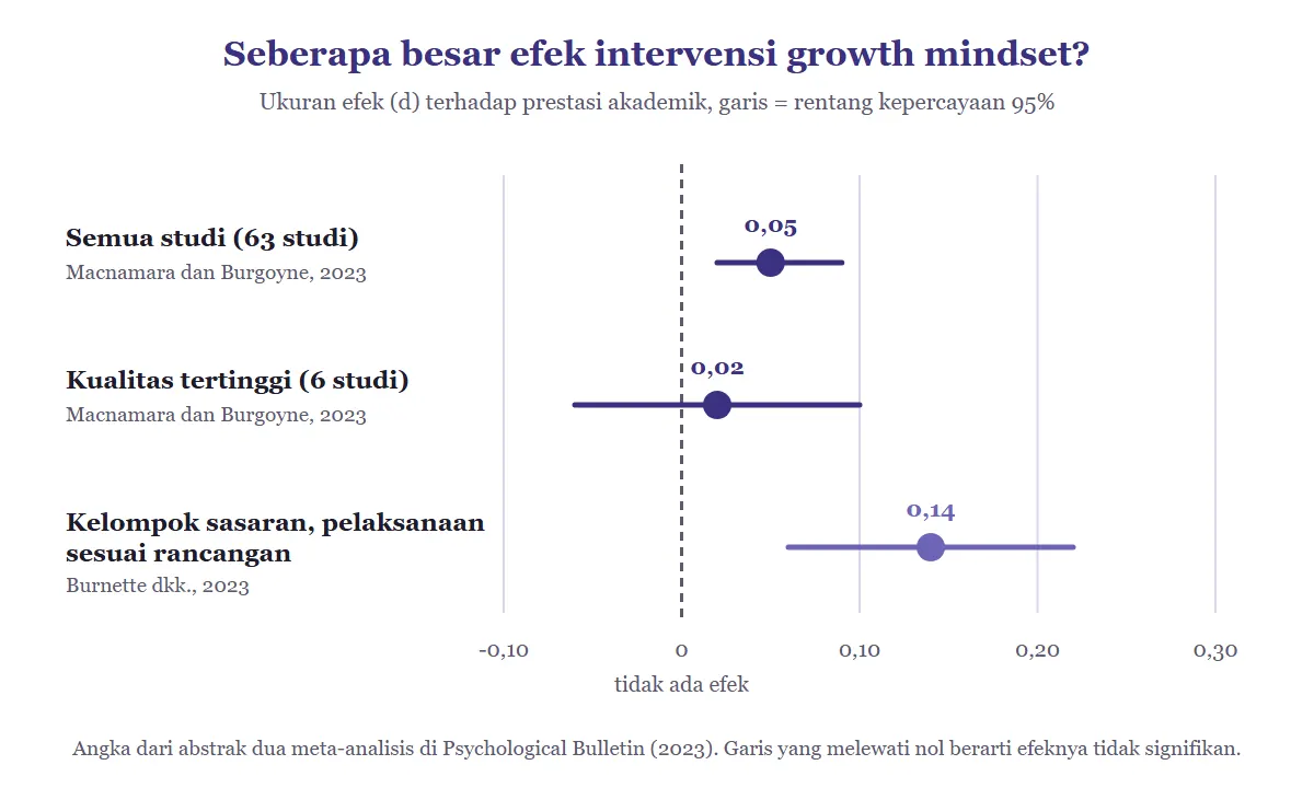 Grafik titik dengan garis rentang: semua 63 studi d 0,05, enam studi kualitas tertinggi d 0,02 dengan rentang melewati nol, dan kelompok sasaran dengan pelaksanaan sesuai rancangan d 0,14