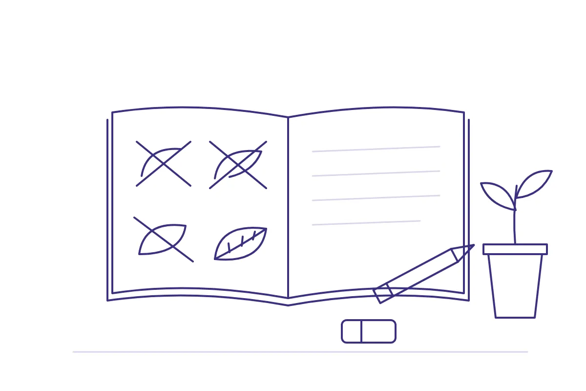 Ilustrasi garis berwarna nila di atas latar putih: buku catatan terbuka berisi empat percobaan menggambar daun, tiga dicoret dan satu selesai, dengan pensil, penghapus, dan pot kecil berisi tunas dua daun