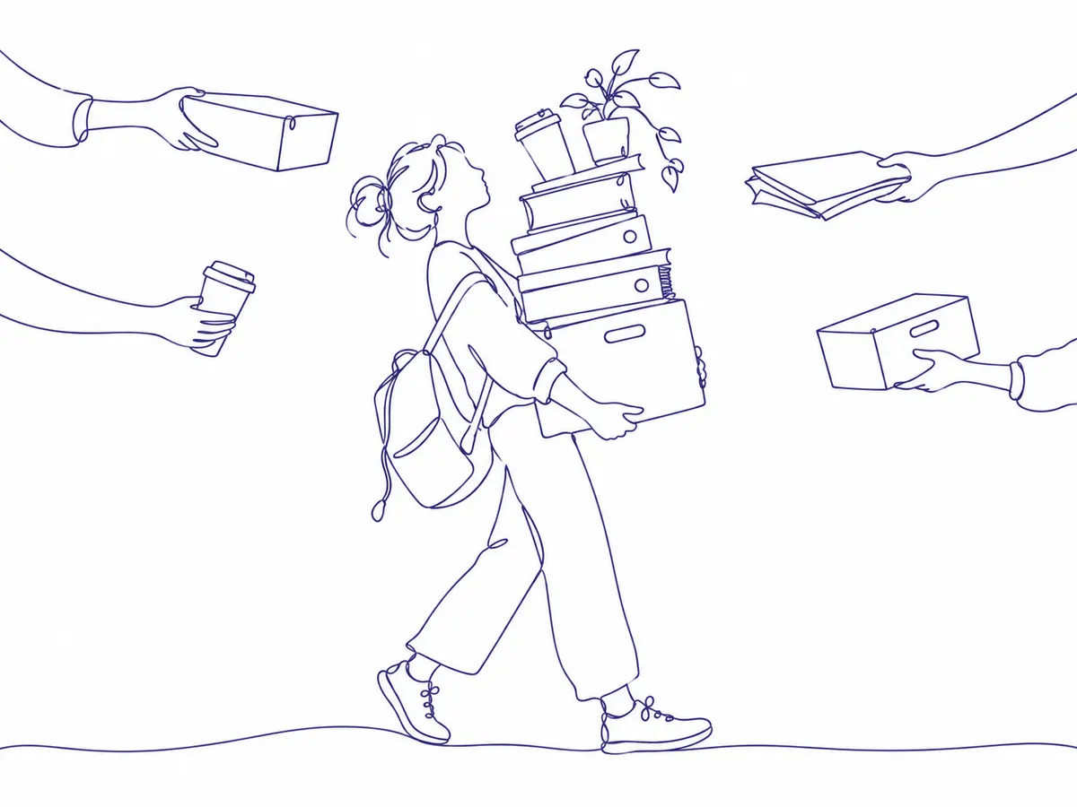 Ilustrasi garis nila: seorang anak muda beransel berjalan membawa tumpukan kotak, map, gelas kopi, dan pot tanaman, sementara beberapa tangan dari tepi gambar masih mengulurkan kotak, gelas, dan buku