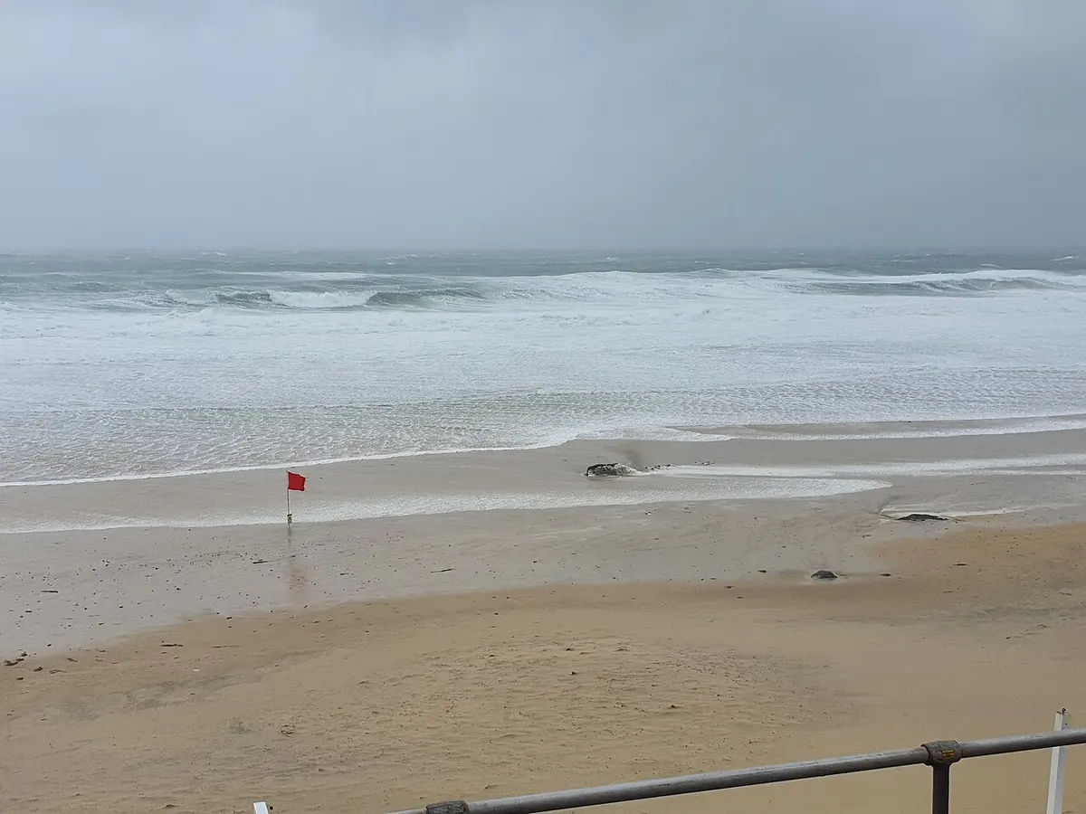 Bendera merah kecil berkibar di pantai berpasir basah dengan ombak putih bergulung dan langit mendung kelabu